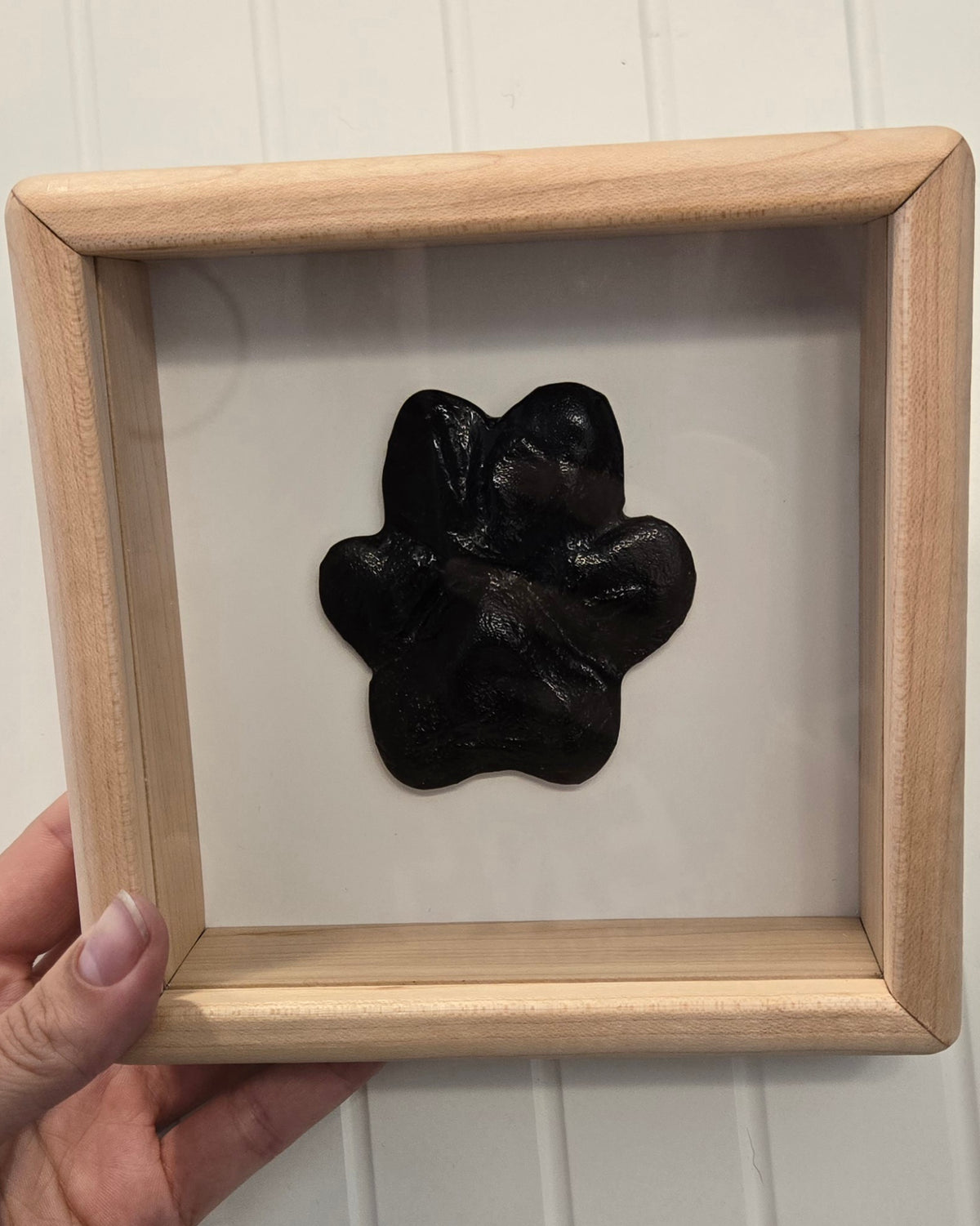 A hand holding a square light wood shadow box frame with a black glass paw print keepsake mounted on a white background.