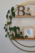 Half a circular wall shelf featuring a blue glass footprint in a shadowbox surrounded by various shelf items: a green plant, a father-child sculpture, and a wooden letter "B"